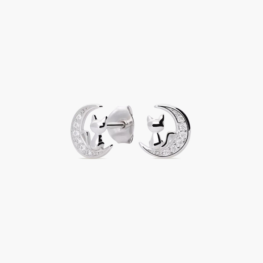Pendientes Plateados con Diseño de Luna y Gato