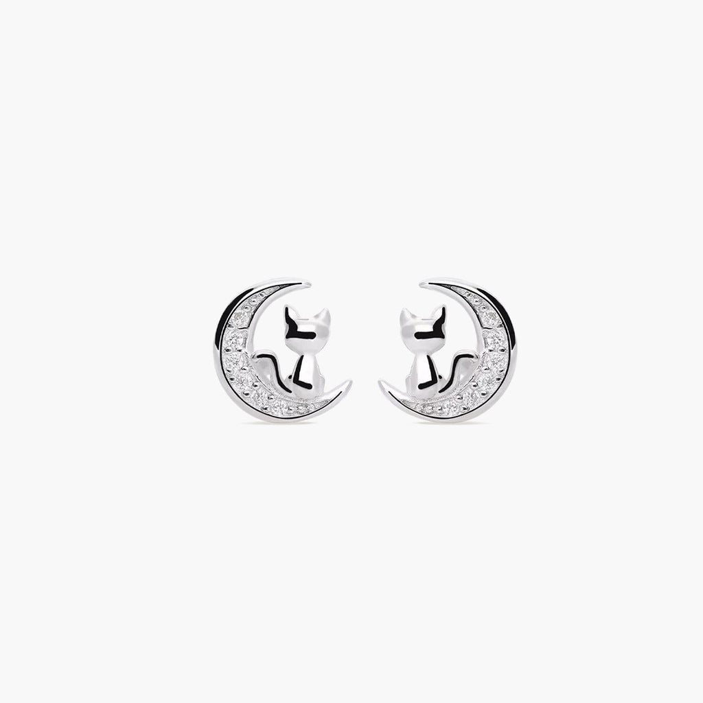 Pendientes Plateados con Diseño de Luna y Gato