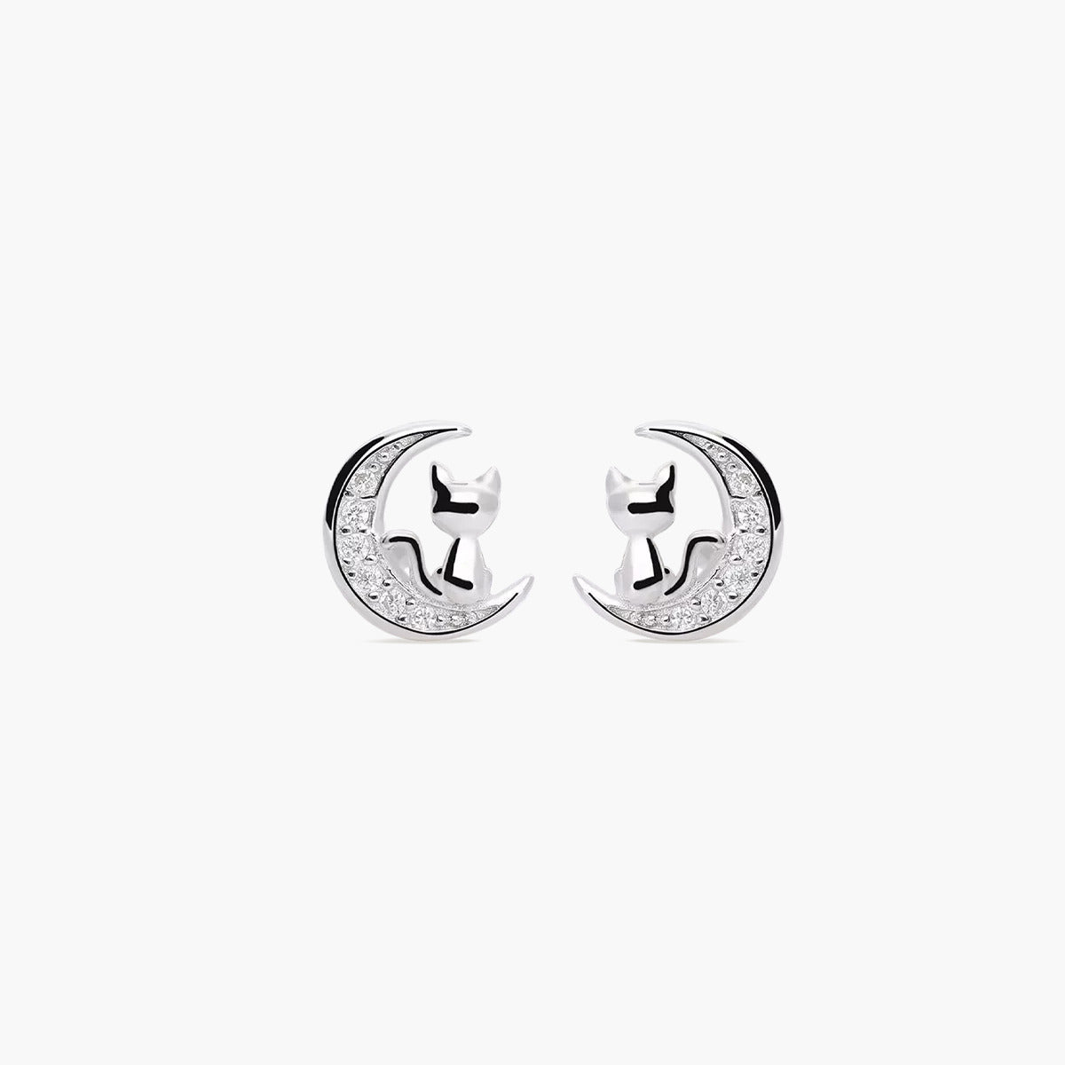 Pendientes Plateados con Diseño de Luna y Gato