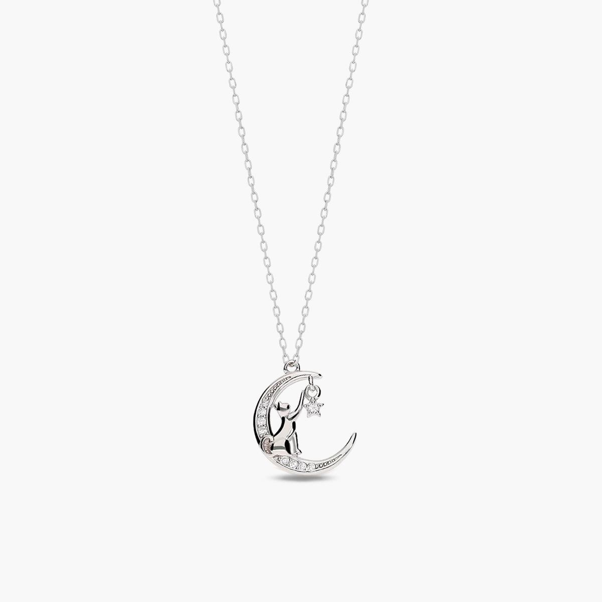Collar Plateado con Luna y Gato adornado con Circonitas