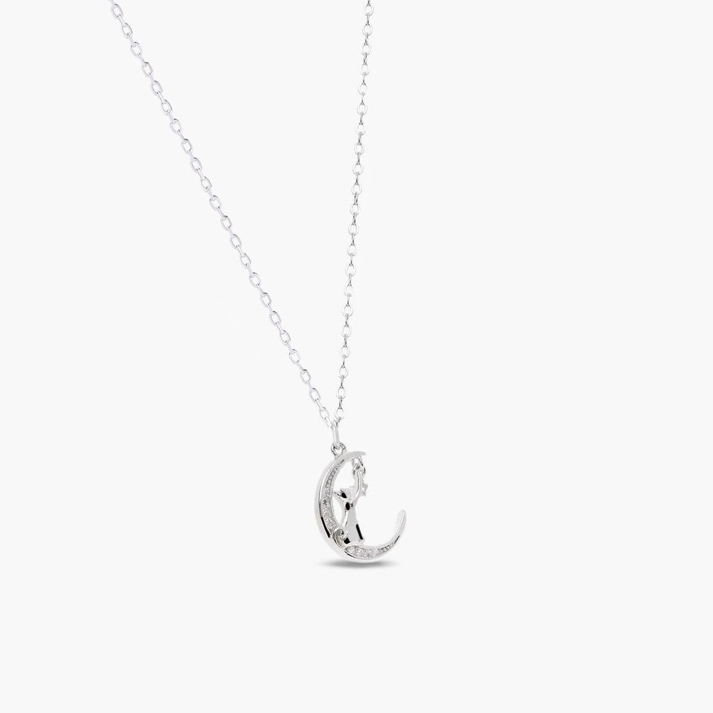 Collar Plateado con Luna y Gato adornado con Circonitas